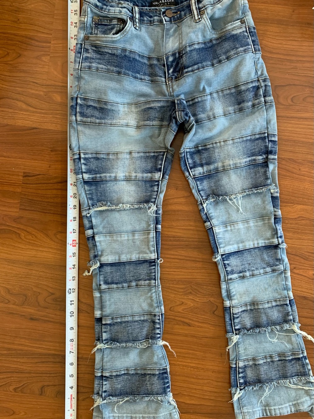 Skater Streetwear Blue Patchwork Distressed Jeans size 14 juniors skinny w flare